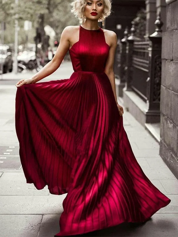 The Latest Fashion Trends A-Line/Princess Halter Sleeveless Floor-Length Ruched Silk like Satin Dresses