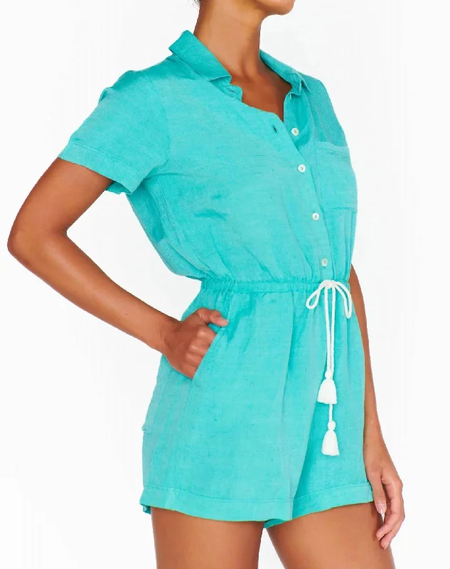 Seasonal Trend Daylight Romper In Teal Linen