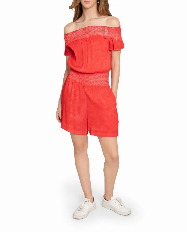 Cool Prices Garment Dyed Off The Shoulder Romper In Poppy