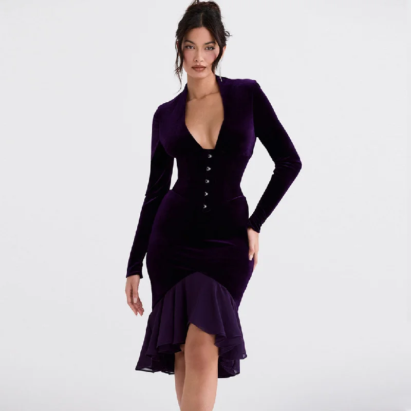 Seize Bargains BerryBetty - High Low Mesh Panel Ruffle Hem Long Sleeve Velvet Mini Dress - Purple