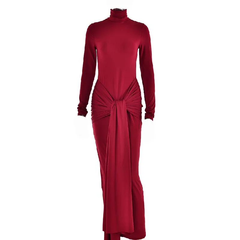 Stylish Spring Fashion BerryBetty - Ruched solid long sleeve turtle neck self tie maxi dress