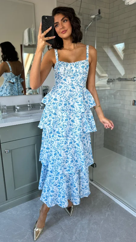 Flash Sale Bella Blue Floral Tie Up Back Tiered Skirt Maxi Dress