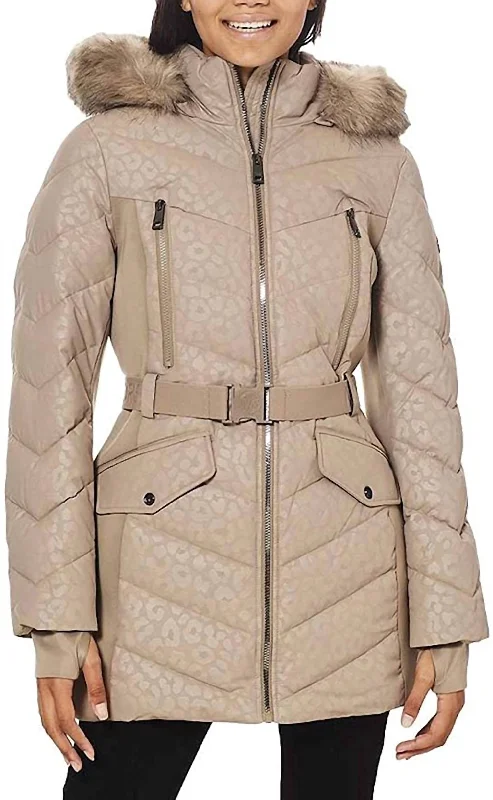 New In This Season Logo Leopard Belted Hood Puffer Coat In Taupe