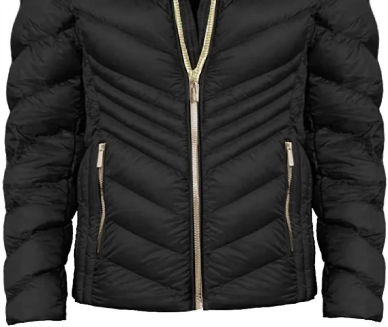 Stylish Spring Fashion Women's Chevron Double Layer Zipper 3/4 Hooded Packable Coat In Black