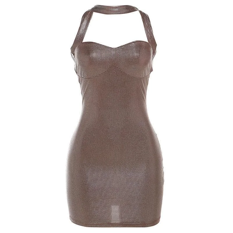 Trendy Fashion Sale BerryBetty - metallic halter sweetheart neck backless mini dress