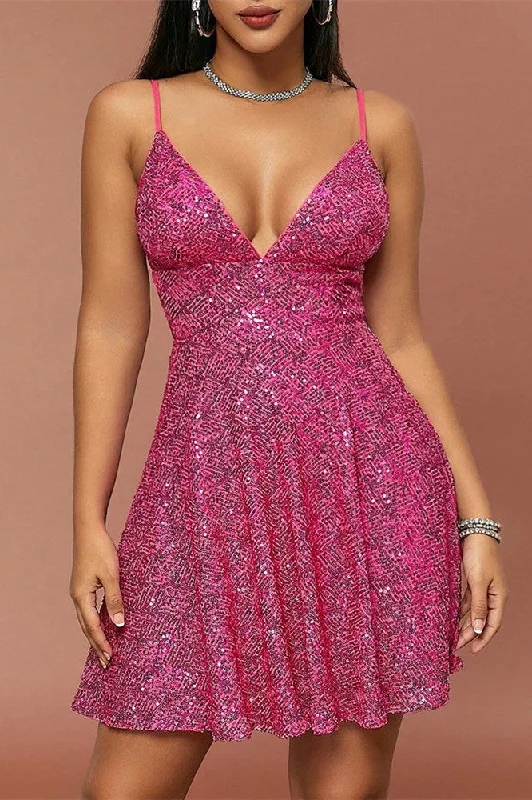 Art Deco Geometric Pattern Look Hot Pink Sequin Tie-Back A-Line Mini Dress