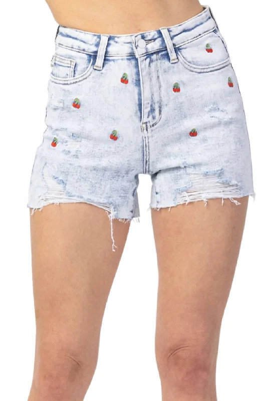 Fashion Forward Outfits Cherry Embroidery High Rise Cut-Off Short In Acid Wash