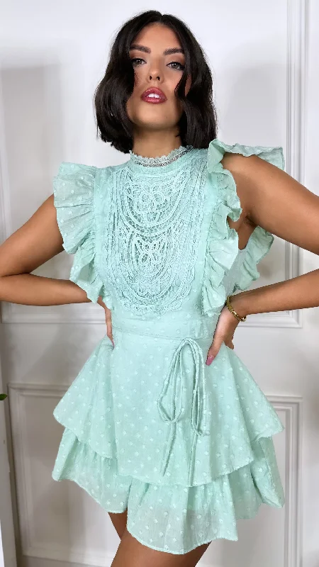 Cool Prices Myka Light Green Crochet & Frill Detail Playsuit