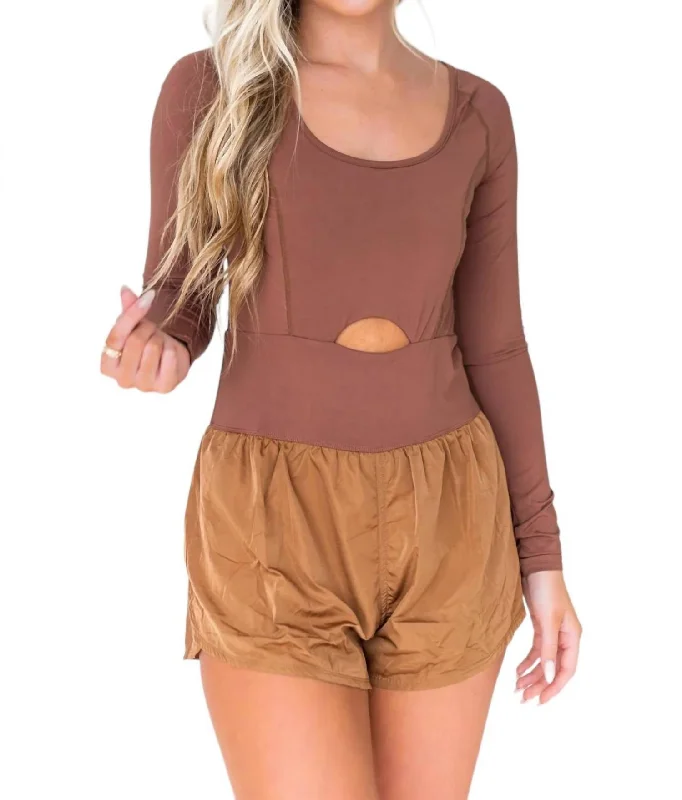 Wardrobe Update Long Sleeve Active Romper In Chocolate