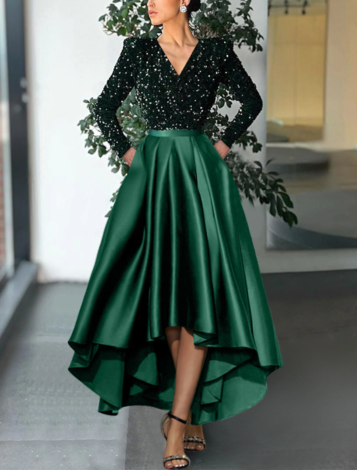 Evening Looks A-Line Cocktail Dresses Christmas Red Green Dress Formal Wedding Guest Tea Length Long Sleeve V Neck Sequined with Sequin Party Dresses