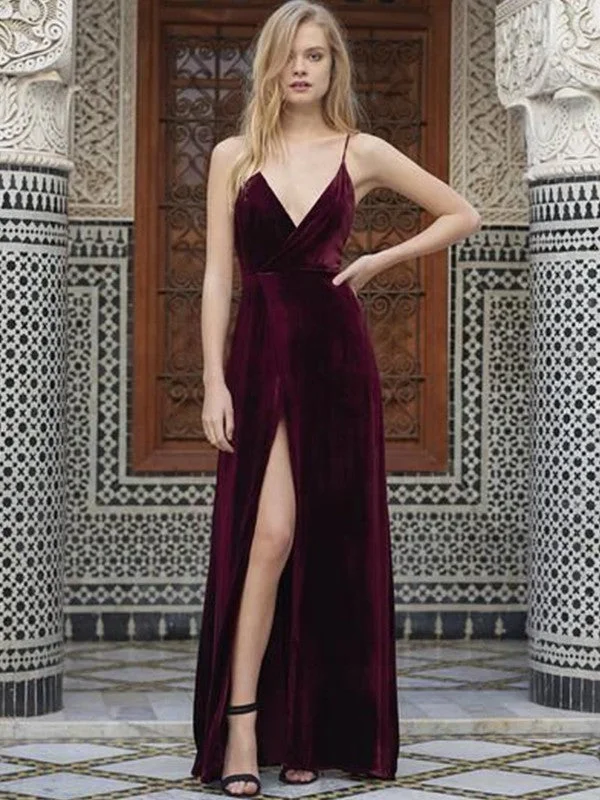 Comfortable Chic A-Line/Princess Spaghetti Straps Sleeveless Floor-Length Ruffles Velvet Dresses