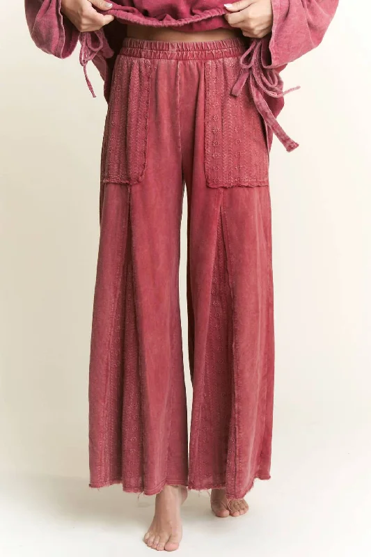 Boho Chic Fashion Mineral Wash Flare Pant In Burgundy