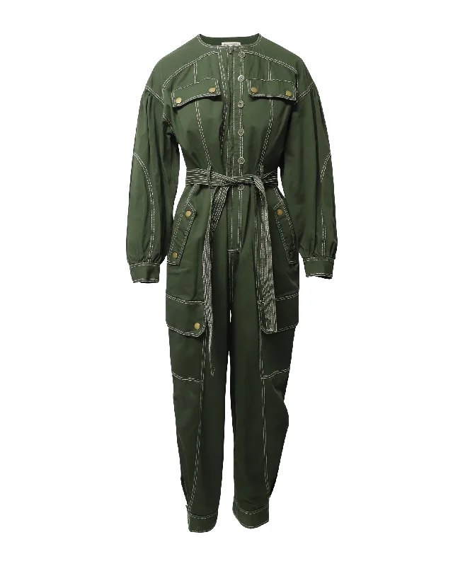 Eclectic Fashion Ulla Johnson Leo Contrast Stitching Jumpsuit in Green Cotton