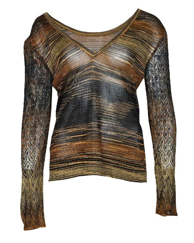 Art Deco Geometric Pattern Look Missoni V Neck Metallic Sweater in Brown Rayon