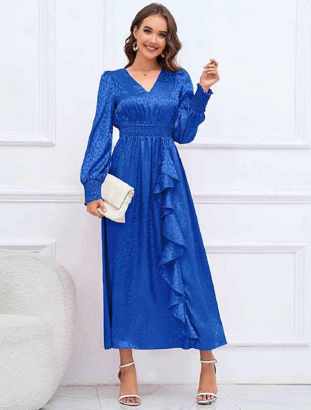 Casual Yet Stylish Separates A-Line Party Dresses Elegant Dress Formal Fall Ankle Length Long Sleeve V Neck Satin with Ruffles Print