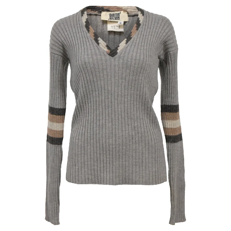 Elegant Style Jean Paul Gaultier Ribbed Knit V-Neck Sweater in Grey Wool