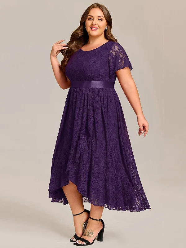 Sophisticated Style Plus Size Lace Short Sleeve Round Neckline Midi Formal Dress