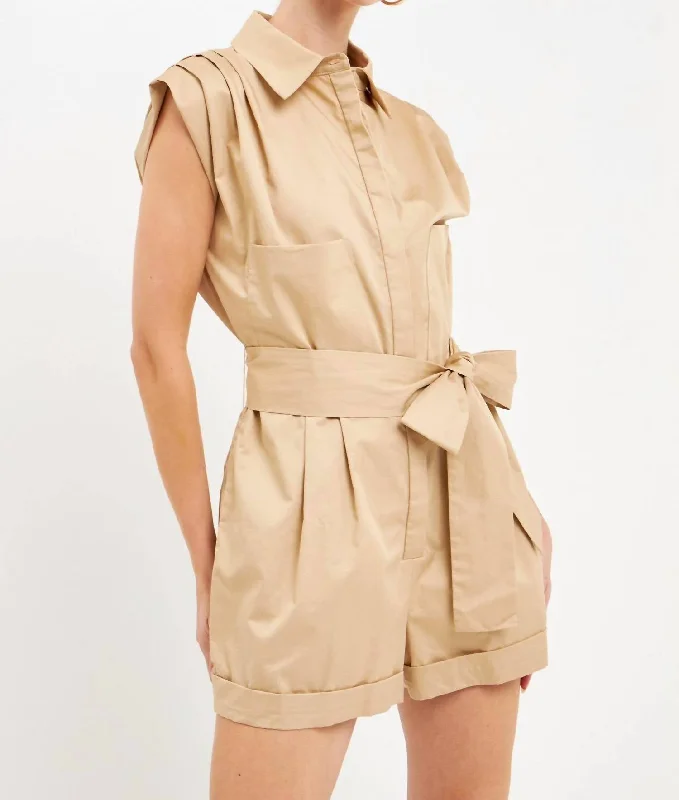 Classic Timeless Elegant Style Raquelle Collared Jumpsuit In Khaki