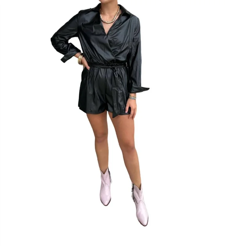 Designer Wear On Sale Roni Faux Leather Romper In Black