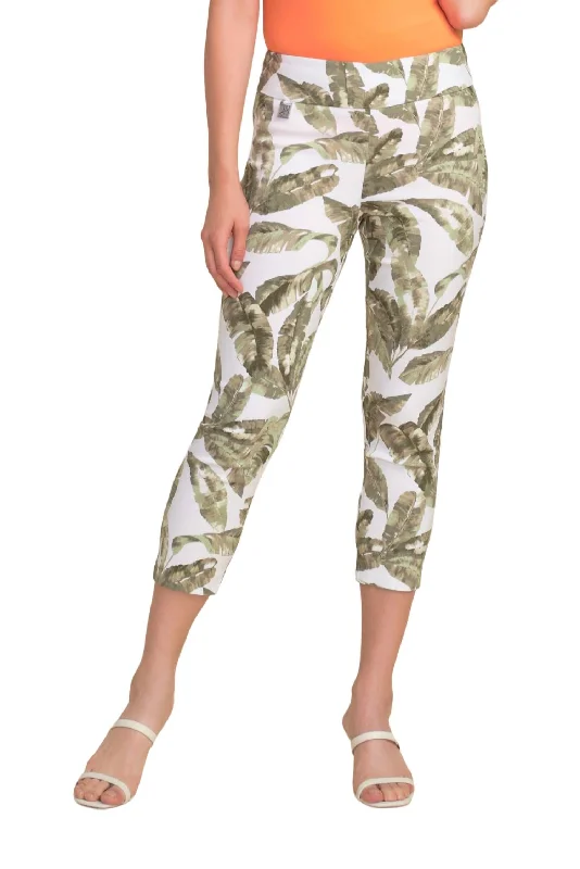 Style Upgrade Palm Leaf Capri Pant In White/multi