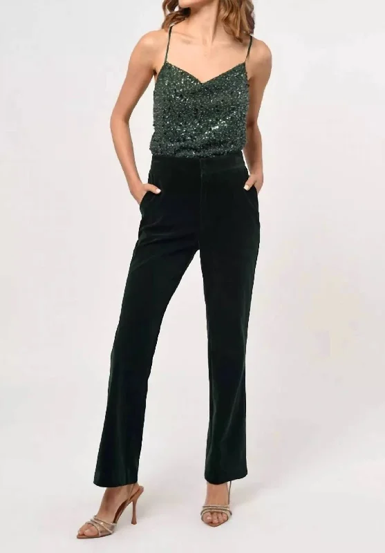 Chic And Comfortable Milton Velvet Straight Leg Trouser In Forest Green