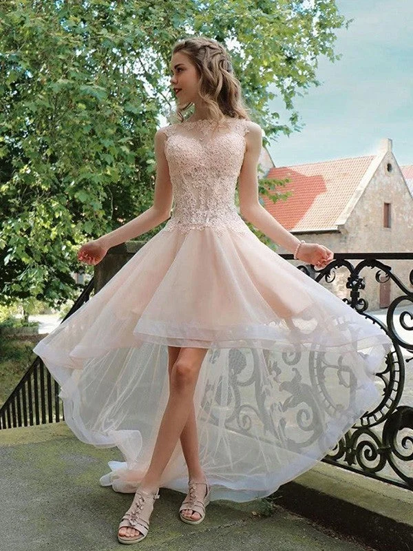 Style Your Wardrobe A-Line/Princess Tulle Applique Sheer Neck Sleeveless Asymmetrical Homecoming Dresses