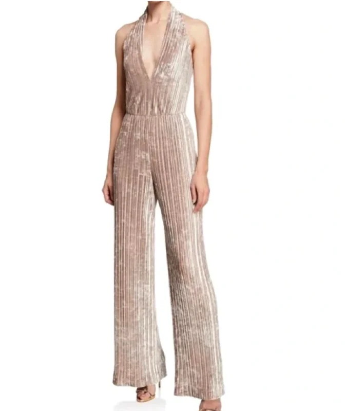 Stylish Spring Fashion Crushed Velvet Denley Jumpsuit In Gold