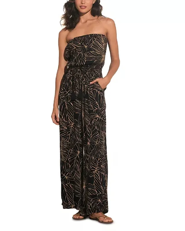 Chic Outfits Strapless Tropical Jumpsuit In Blk Natural