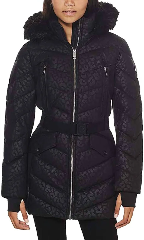 Limited Stock Logo Leopard Belted Hooded Down Puffer Coat In Black