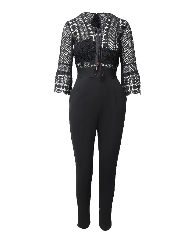 Luxe Layering Self-Portrait Lace Jumpsuit in Black Polyester