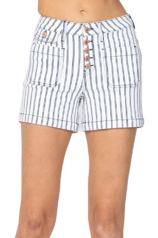 Trendy Street Style Clothing Stripe Patch Pocket High Waist Shorts In Multi