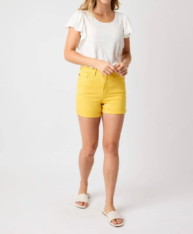 Chic Style Women's High Waist Tummy Control Garment Dyed Shorts In Yellow