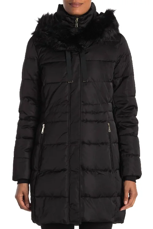 Stylish Savings Stefani Faux Fur Hood Down Fill Fitted Puffer Coat In Black