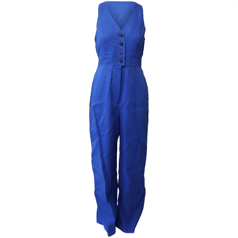 Effortless Comfort Diane Von Furstenberg Button Up Fitted Jumpsuit in Blue Linen