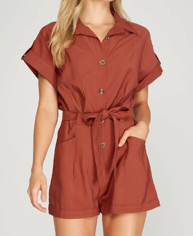 Best Deals Of The Season Drop Shoulder Woven Twill Romper With Pockets In Rust