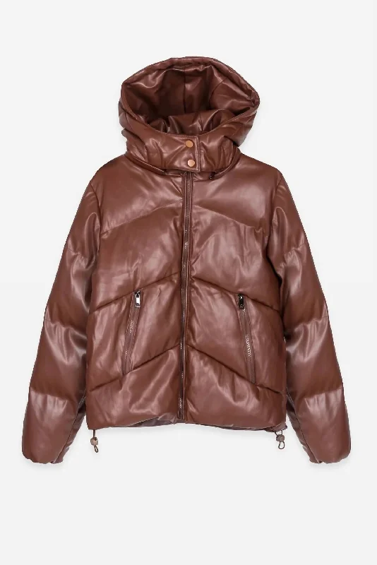 The Good Stuff Maggiano Leather Puffer Jacket In Coffee