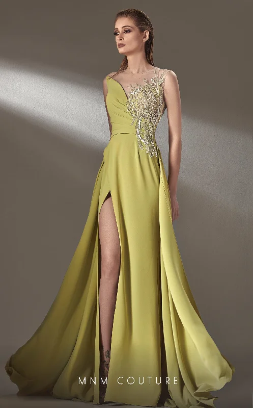 Chic Trends Unveiled MNM Couture K3903 Pleated A Line Long Formal Beaded Applique Prom Dress