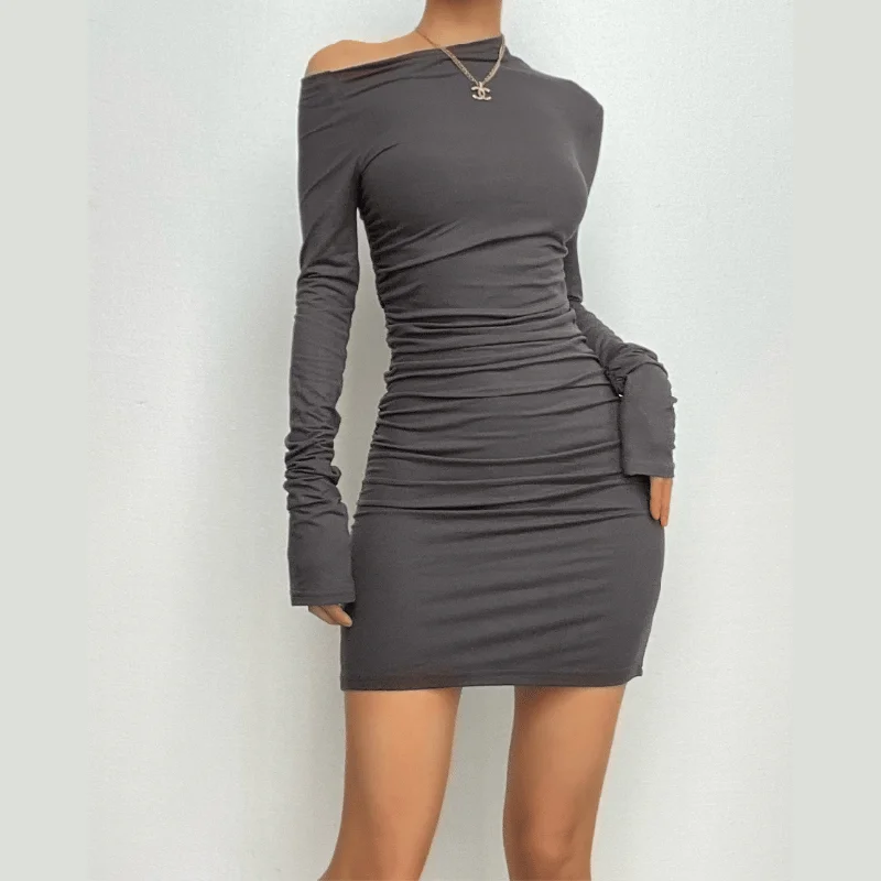 Save Big BerryBetty - Off shoulder long sleeve ruched backless solid mini dress