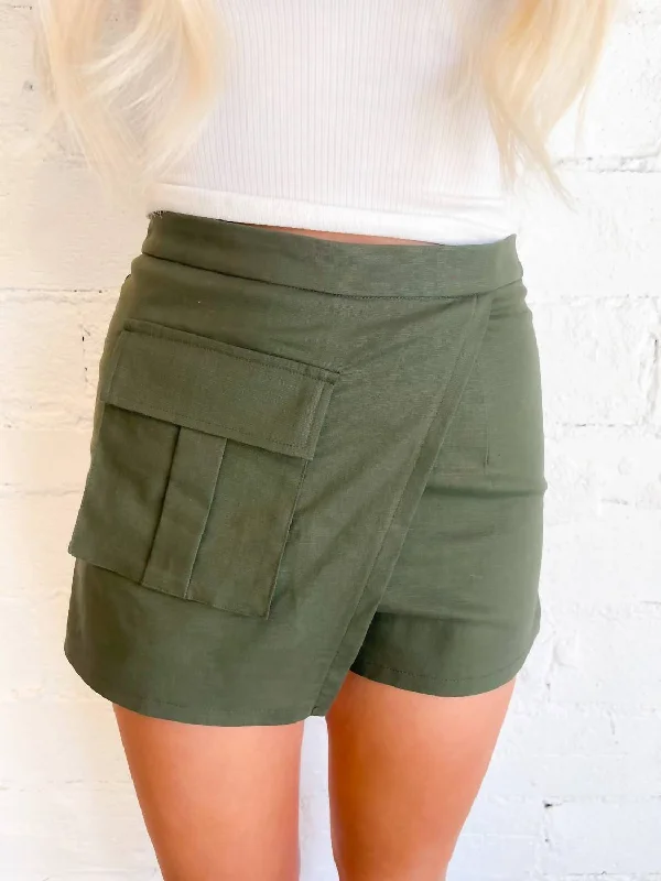 High End Fashion Ride The Wave Asymmetrical Shorts In Olive