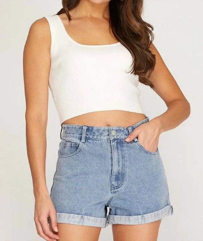 Minimalist Office - Ready Style Woven High-Waist Denim Shorts In Blue