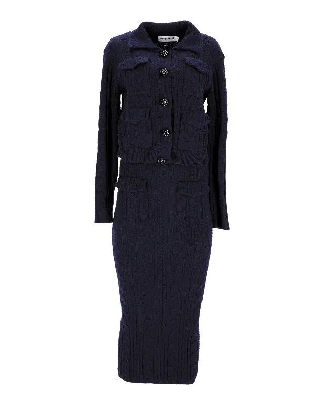 Cottagecore Rustic Charm Style Self-Portrait Jacket and Midi Skirt Set in Navy Blue Polyamide