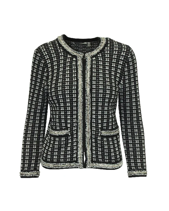 Limited Time Alice + Olivia Monochrome Tweed Embellished Georgia Jacket in Black Cotton