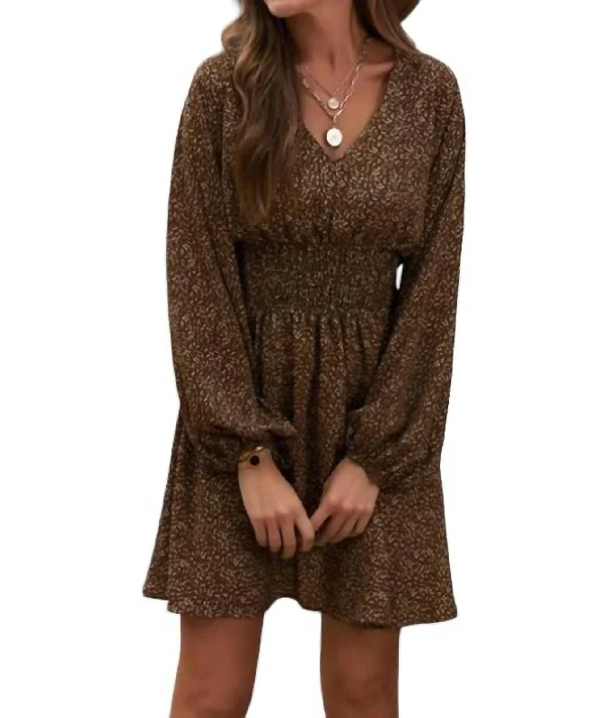 Unbeatable Prices Balloon Sleeve Smocked Waist Dress In Brown