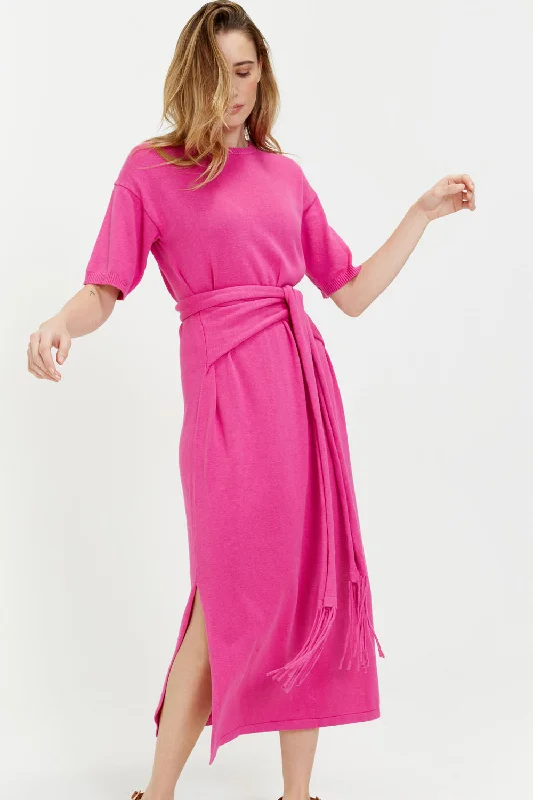 Relaxed Style Berry-Pink Linen-Cotton Monaco Dress