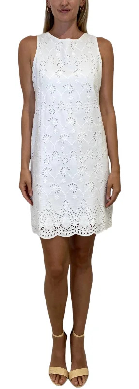 Casual Wear Cotton Embroidered Eyelet Shift Dress In White