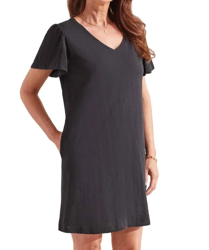 Casual Chic Cotton Flutter Sleeve V-Neck Dress In Black