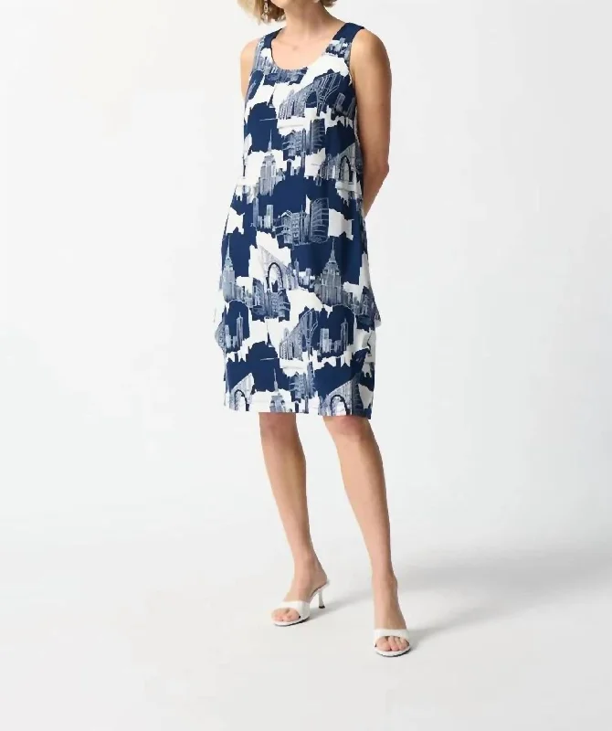 Everyday Glamour Gauze Scenery Print Cocoon Dress In Midnight Blue/vanilla