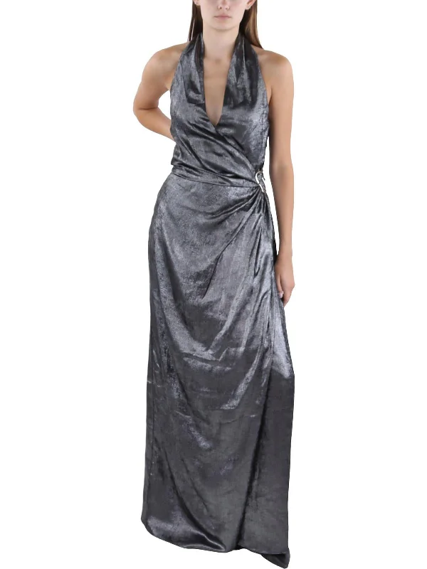 Limited Styles Gwyneth Womens Metallic Halter Evening Dress