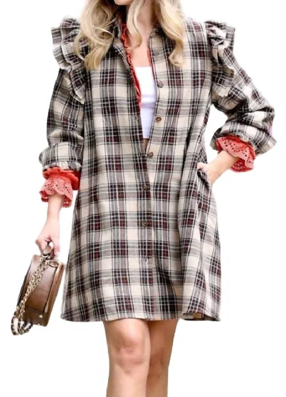 Refined Simplicity Ruffle Shoulder Plaid Tunic Dress In Brown Mix