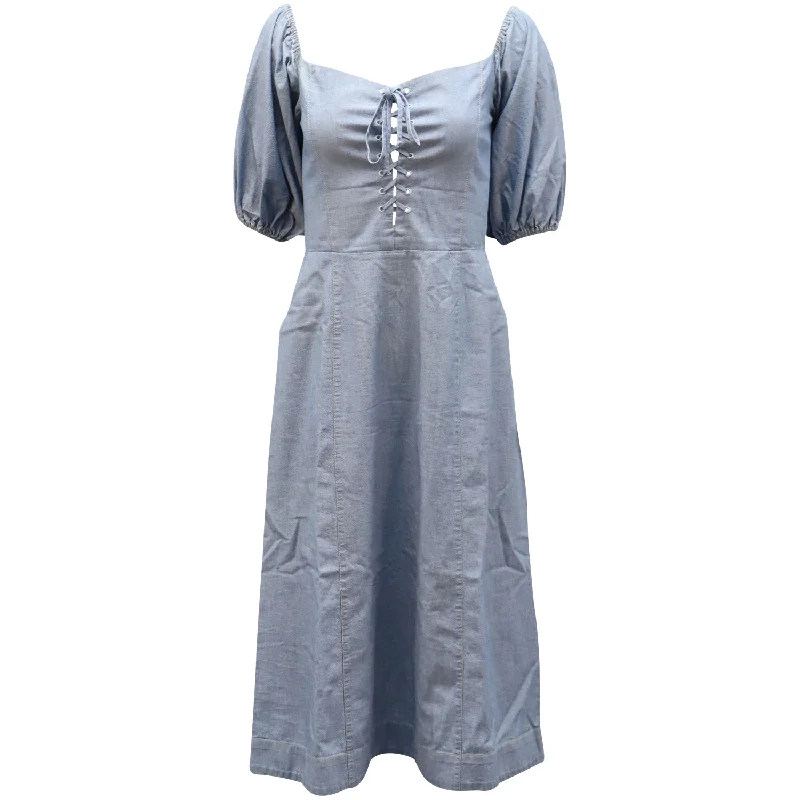 Art Deco Geometric Pattern Look Sea New York Puffy Sleeve Shirred Dress in Light Blue Cotton